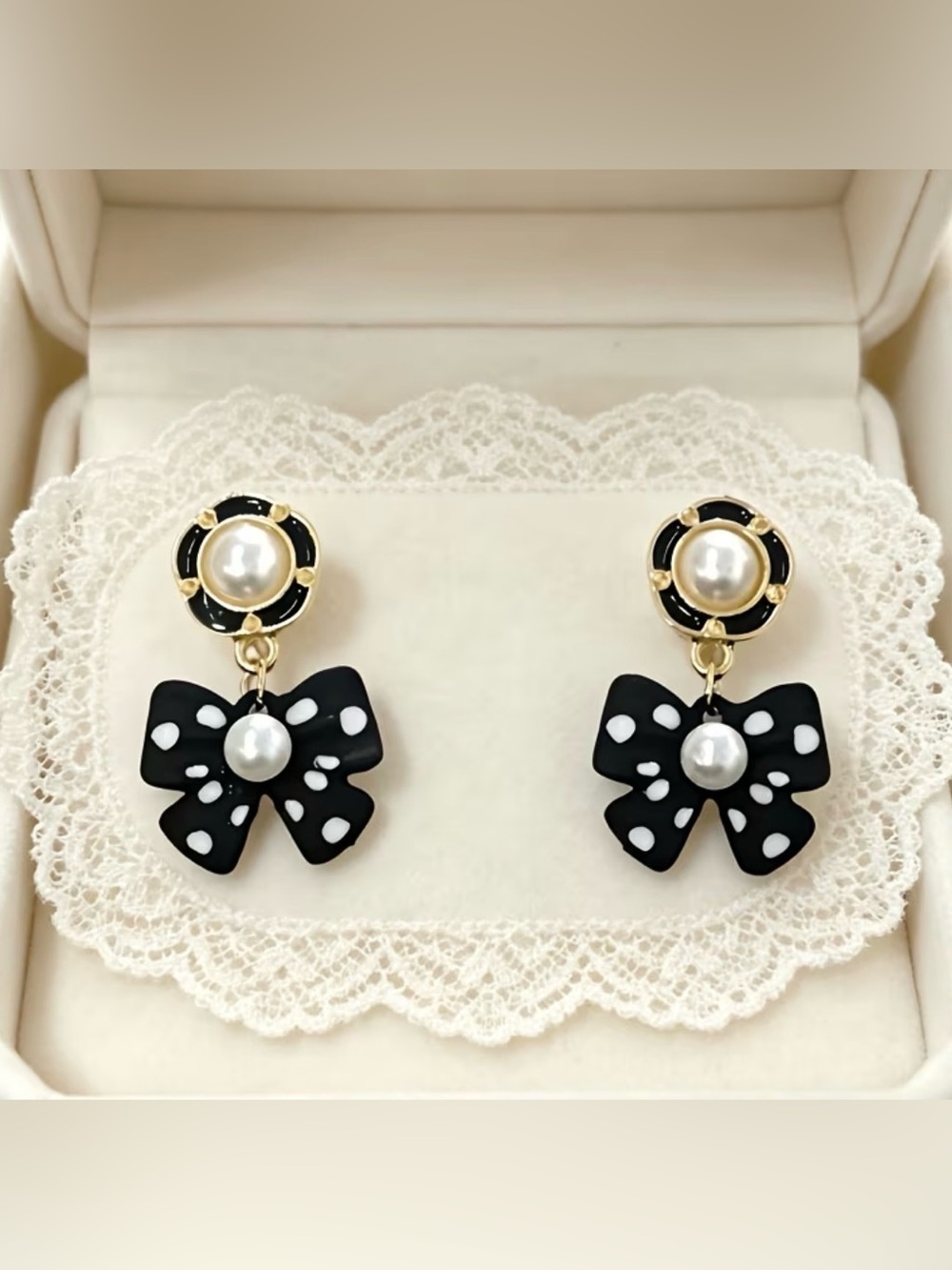 Black Polka Dot Bow Drop Earrings with Pearl Detail